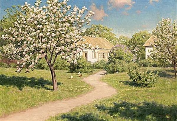 Gardstun Med Blommande Trad Och Pickande Hons Oil Painting by Johan Fredrik Krouthen