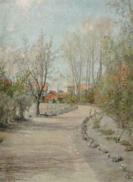 Kvinna Pa Parkbank - Varmotiv Fran Tradgardsforeningen I Linkoping Oil Painting by Johan Fredrik Krouthen