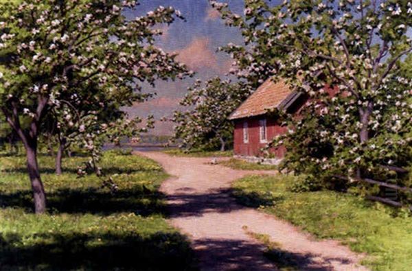 Soligt Gardsmotiv Med Hons Oil Painting by Johan Fredrik Krouthen