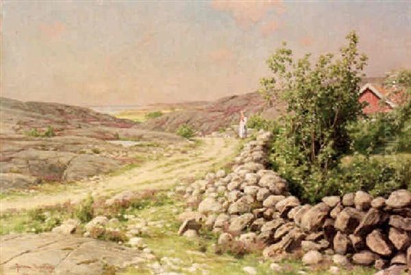 Blommande Sommarlandskap Med Flicka Och Pickande Hons Oil Painting by Johan Fredrik Krouthen