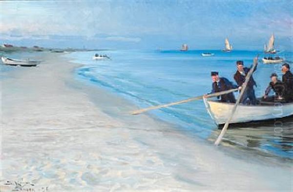Skagensfiskere Gaa Ud. Tre Fiskere I En Hvid Baad, Hvoraf Kun Et Stykke Ses Oil Painting by Peder Severin Kroyer