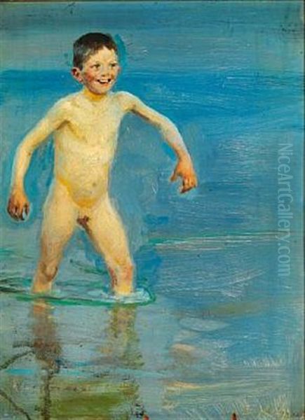 Badende Dreng Vadende Ind Mod Land Oil Painting by Peder Severin Kroyer
