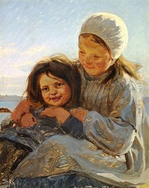 Sodskende. To Smaapiger, Den Mindste Barhovedet, Den Storre Med Hvid Kappe Paa Hovedet. Siddende Figurer I Solskin. I Baggrunden Hav Og Klipper Oil Painting by Peder Severin Kroyer