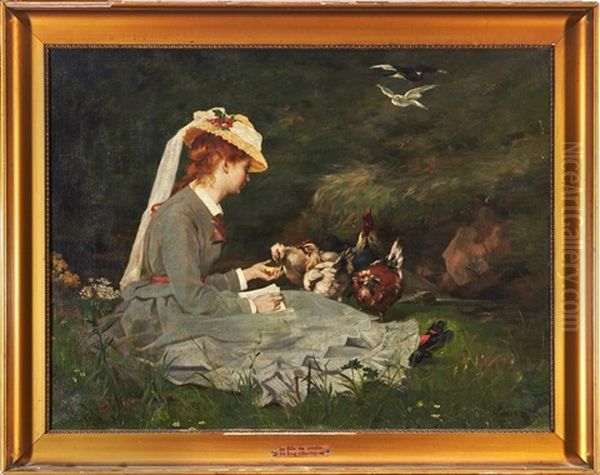 La Fille Du Peintre, Ou Jeune Fille Aux Poules Oil Painting by Edouard Krug