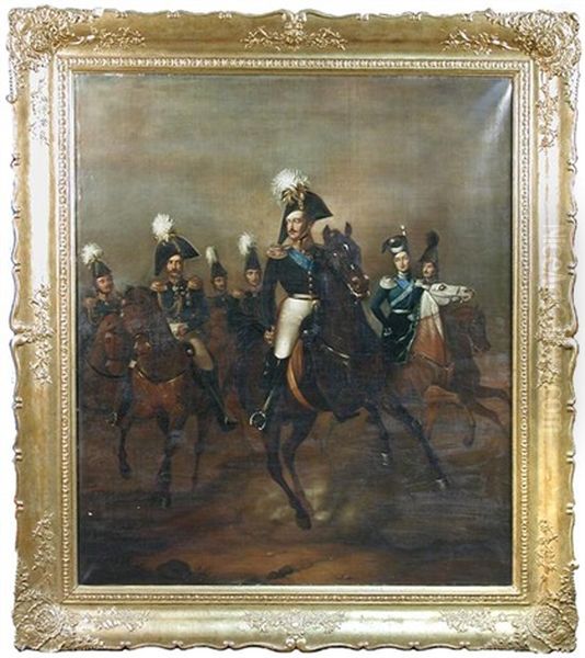 Cavalry Study Of Tsar Nicholas I Of Russia, With His Brother, The Grand Duke Michael, The Tsarevich Alexander And Prince Wolkonsky, On Chargers In A Landscape Oil Painting by Franz Kruger