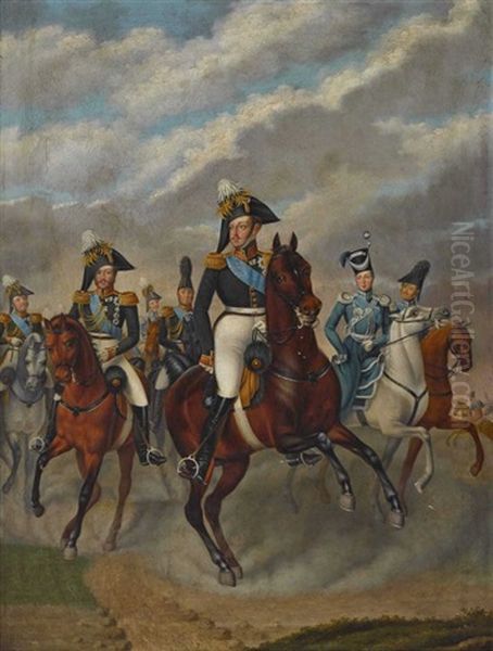 Zar Nikolaus I. Von Russland Mit Grosfurst Michael, Dem Thronfolger Alexander, Furst Wolkonski Und Seinem Stab Oil Painting by Franz Kruger