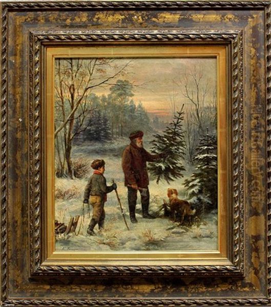 Winterlandschaft In Der Abendrote Mit Vater Und Sohn Beim Fallen Des Weihnachtsbaums Oil Painting by Franz Kruger