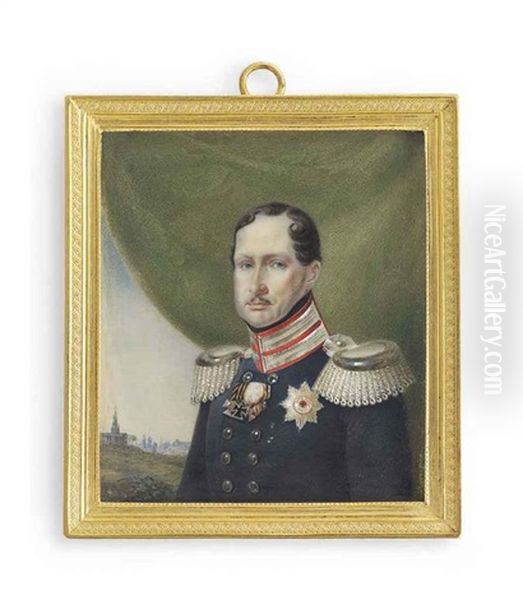 Frederick William Iii (1770-1840), King Of Prussia 1797-1840, In Double-breasted Blue Uniform With Silver-braided Scarlet Collar And Silver Epaulettes Oil Painting by Franz Kruger