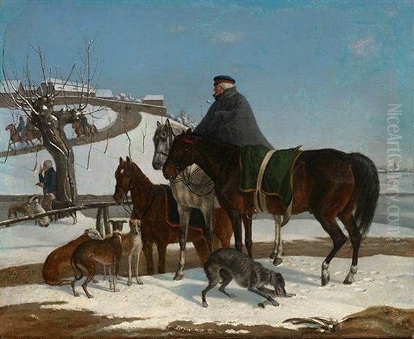 Hohe Berittene Russische Militars In Sturmischer Schneelandschaft Zur Zeit Der Napoleonischen Kriege (+ Another; Pair) Oil Painting by Franz Kruger