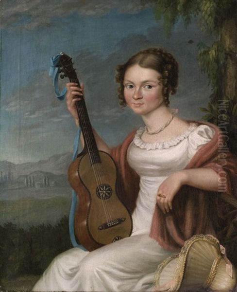 Junge Frau In Weissem Kleid Mit Gitarre Oil Painting by Franz Kruger
