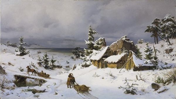 Tief Verschneite Russische Landschaft An Einem Seeufer Oil Painting by Franz Kruger