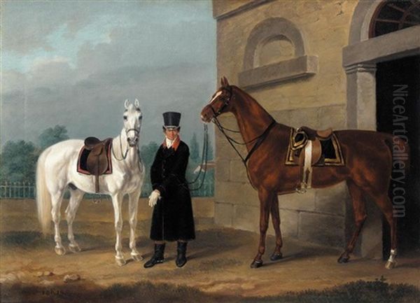 Two Saddled Mounts: A Dapple Grey And A Chestnut Horse With A Liveried Stable-hand Oil Painting by Franz Kruger