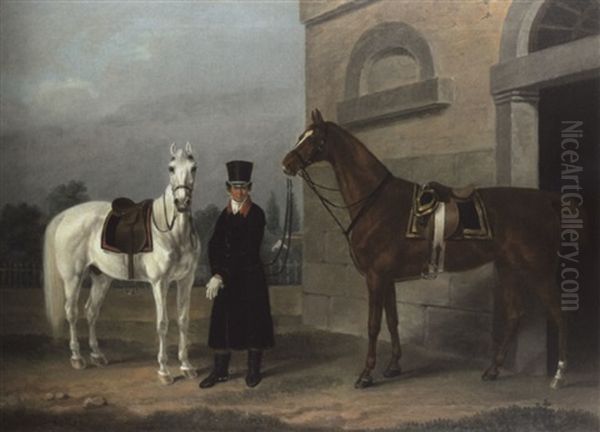 Zwei Gesattelte Reitpferde, Fuchs Und Schimmel Mit Einem Livrierten Reitknecht Oil Painting by Franz Kruger