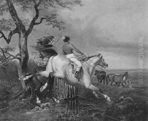 Ein Reiter Auf Einem Falben, Der Im Begriff Ist, Einen Zaun Zu Uberspringen Oil Painting by Franz Kruger