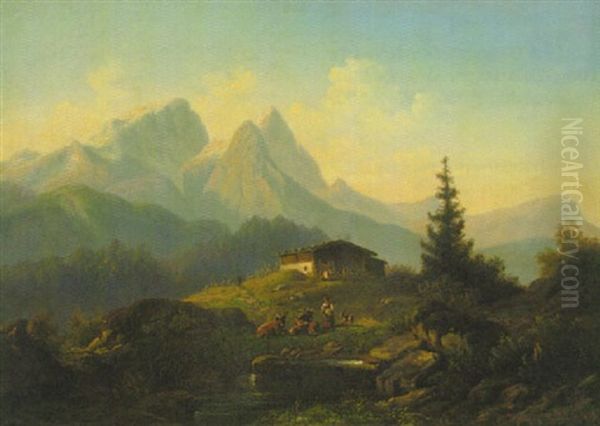 Alm Mit Blick Auf Die Zugspitze Oil Painting by Karl (Max) Spreewald Kruger