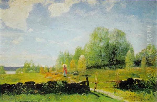 Sommarlandskap Med Promenerande Kvinna Med Rod Kofta Och Solparasoll Oil Painting by Olof Krumlinde