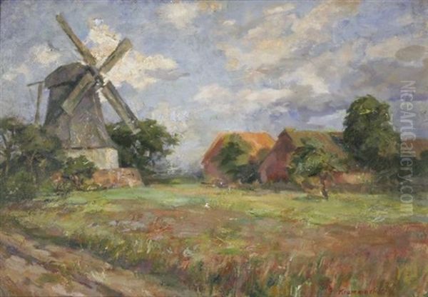 Die Worpsweder Windmuhle (+ Worpsweder Bauerin Am Spinnrad, Verso) Oil Painting by Karl Krummacher