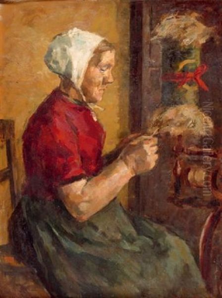 Worpsweder Bauerin Am Spinnrad Oil Painting by Karl Krummacher