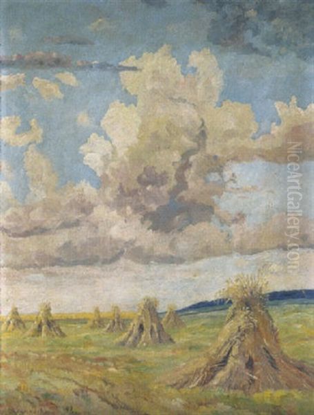 Kornhocken Unter Sommerwolken Oil Painting by Karl Krummacher