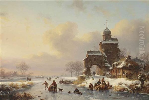 Skaters On A Frozen Waterway Near A Castle Oil Painting by Frederik Marinus Kruseman