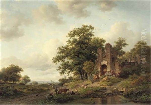 A Summer Landscape With The Ruins Of Brederode Castle Near Haarlem Oil Painting by Frederik Marinus Kruseman