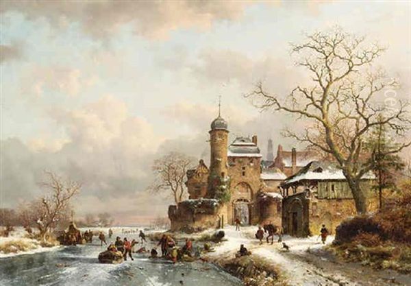 A Winter Landscape With Ice Amusements Near A Town Gate Oil Painting by Frederik Marinus Kruseman