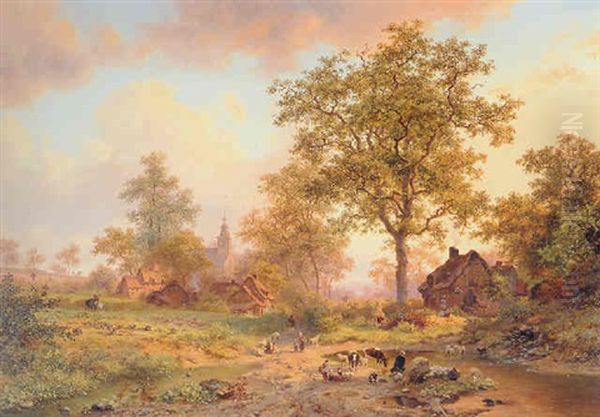 Figures With Cattle At A Pool Before A Village Oil Painting by Frederik Marinus Kruseman