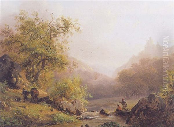 Figures By A Stream In A Summer Landscape Oil Painting by Frederik Marinus Kruseman