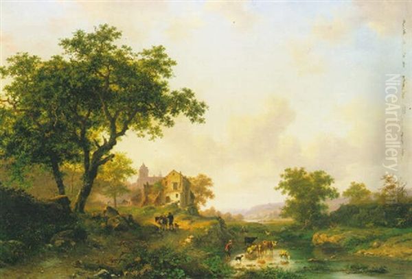 A Romantic Landscape In Summer Oil Painting by Frederik Marinus Kruseman