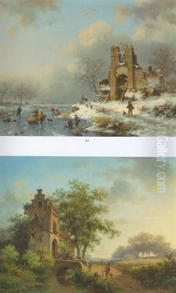 A Frozen Winter River Landscape With Figures Skating On The Ice Oil Painting by Frederik Marinus Kruseman