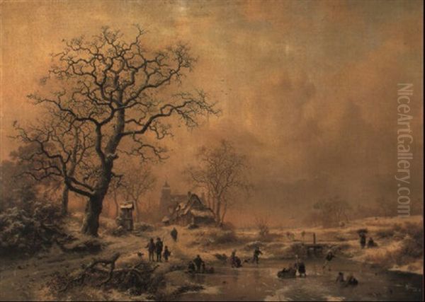 Figures In A Frozen Winter Landscape Oil Painting by Frederik Marinus Kruseman