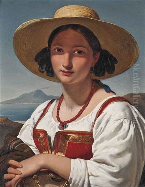 A Neapolitan Girl Before Vesuvius Oil Painting by Jan Adam Janszoon Kruseman