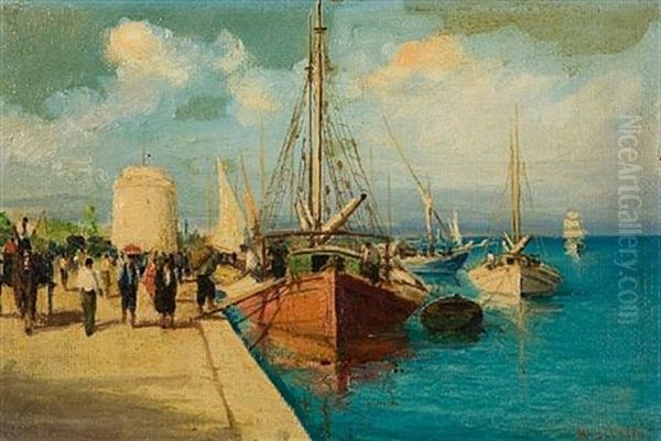 Promenade By The White Tower, Thessaloniki (+ Fishermen On A Beach, Oil On Panel; 2 Works) Oil Painting by Andreas Krystallis