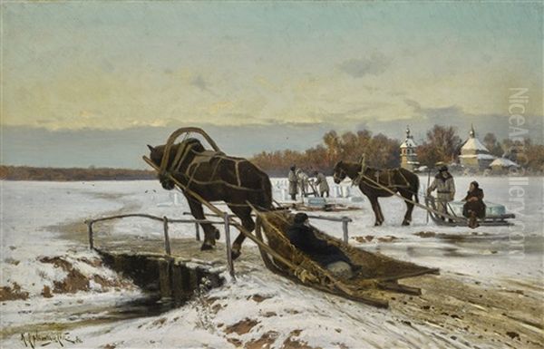 Ice-cutting Oil Painting by Konstantin Yakovlevich Kryzhitsky