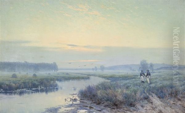 River Estuary With Farm Labourers Oil Painting by Konstantin Yakovlevich Kryzhitsky