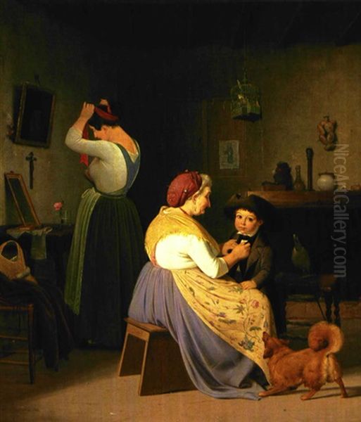 En Bedstermoder Pynter En Lille Dreng, Medens Moderen Klaeder Sig Paa Foran Speilet Oil Painting by Albert Kuchler