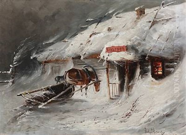Outside The Inn On A Winter Evening Oil Painting by Viktor Petrovich Kuchmenko