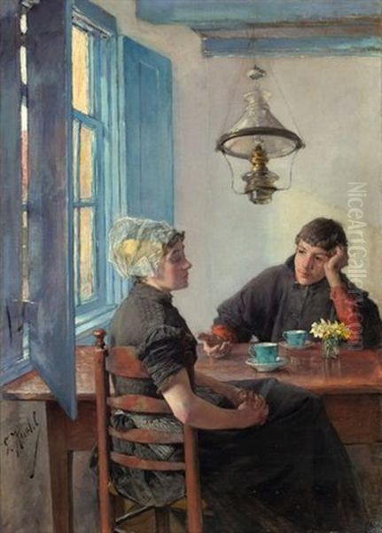 Paar Am Teetisch Oil Painting by Gotthardt Kuehl