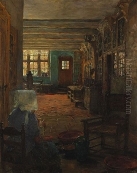 Diele Mit Kartoffelschalerin Oil Painting by Gotthardt Kuehl