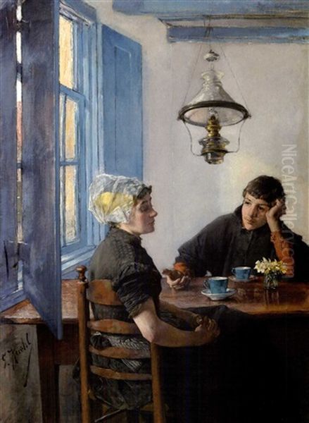 An Einem Tisch Sitzendes Paar Oil Painting by Gotthardt Kuehl