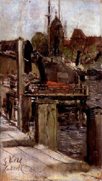 Lubeck. Motiv An Der Trave Mit Schiffen Am Kai Oil Painting by Gotthardt Kuehl