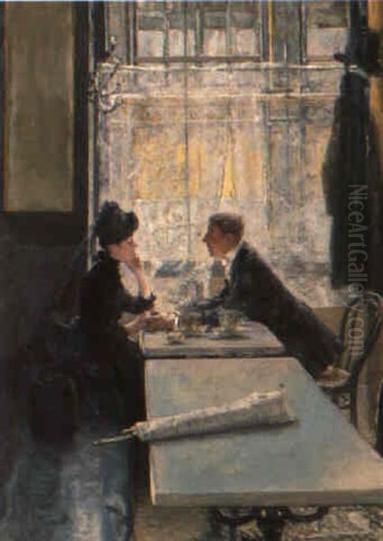 Amoureux Au Cafe Oil Painting by Gotthardt Kuehl
