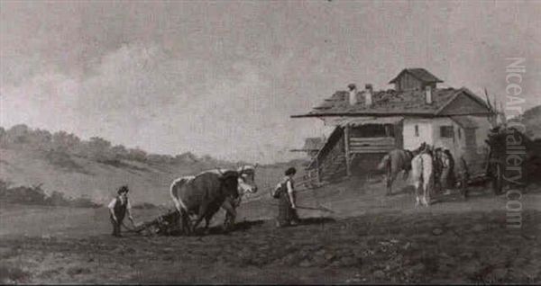 Bauren Bei Der Feldarbeit Vor Gehoft Oil Painting by Max Kuglmayr