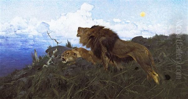 Brullende Lowen Oil Painting by Wilhelm Friedrich Kuhnert