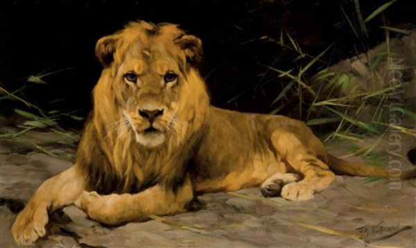 Lowe Von Der Hohle (lion In A Cave) Oil Painting by Wilhelm Friedrich Kuhnert