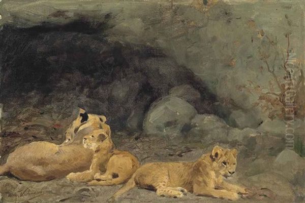 A Lioness And Her Cubs Oil Painting by Wilhelm Friedrich Kuhnert