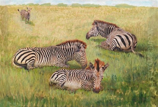 Ruhende Zebras Oil Painting by Wilhelm Friedrich Kuhnert