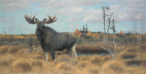 Elks In A Swedish Landscape Oil Painting by Wilhelm Friedrich Kuhnert