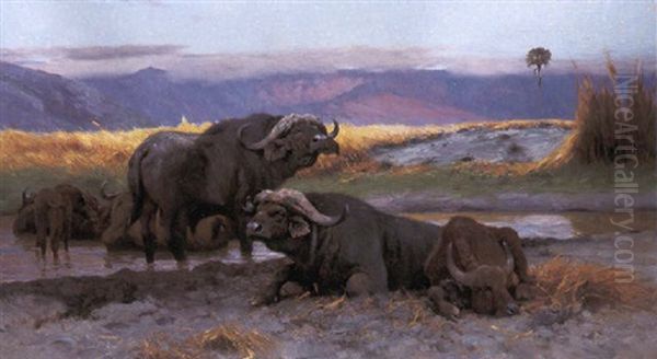 Buffalo Along The Riverbank Oil Painting by Wilhelm Friedrich Kuhnert
