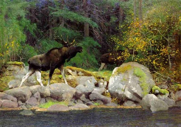 Am Waldbach (elche) (by The Forest Stream (elks)) Oil Painting by Wilhelm Friedrich Kuhnert